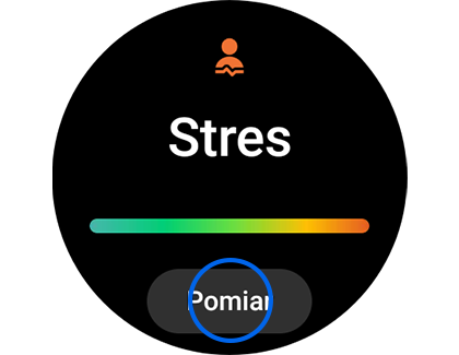Ilustracja przedstawiająca obszar Stres z przyciskiem pomiaru w aplikacji Samsung Health.