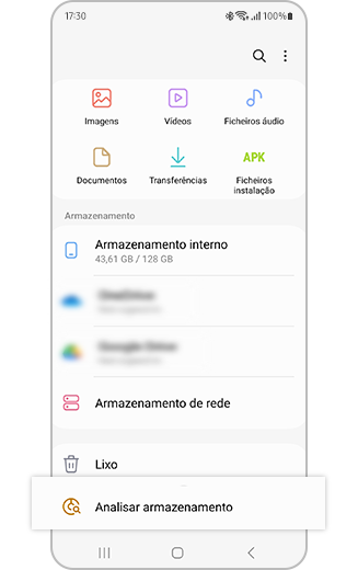 Vista de Os Meus Ficheiros com a opção Analisar do armazenamento realçada.