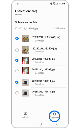 Fichiers dupliqués avec des fichiers sélectionnés et le bouton Supprimer.