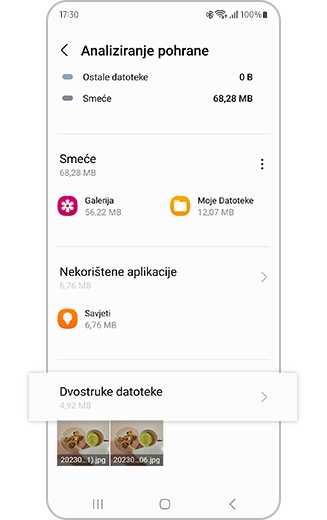 Prikaz postavki opcije Analiza pohrane s istaknutom opcijom Dvostruke datoteke.