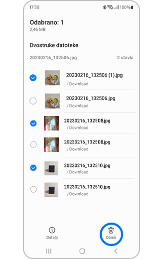 Prikaz opcije Duplicirane datoteke s datotekama i istaknutim gumbom Obriši za brisanje svih datoteka.