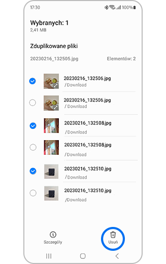 Widok opcji „Duplikaty plików” z zaznaczonymi plikami i opcją „Usuń wszystkie”.