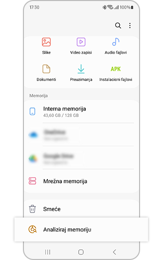 Prikaz odeljka „Moji fajlovi“ sa istaknutom opcijom „Analiziraj memoriju“.
