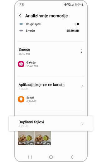 Prikaz podešavanja opcije „Analiziraj memoriju“ sa istaknutom opcijom „Duplikati fajlova“.