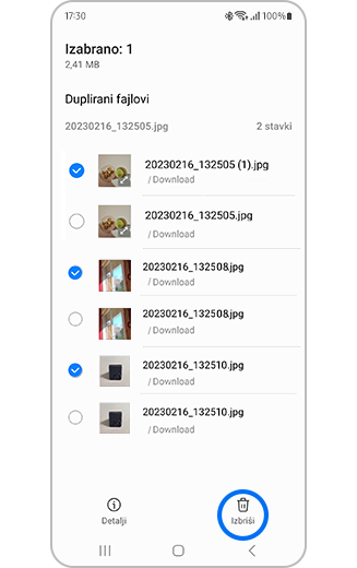 Prikaz opcije „Duplikati fajlova“ sa fajlovima i istaknutim dugmetom „Obriši sve“.