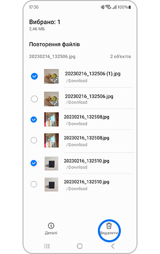 Вигляд копій файлів з виділеною опцією "Видалити усі".