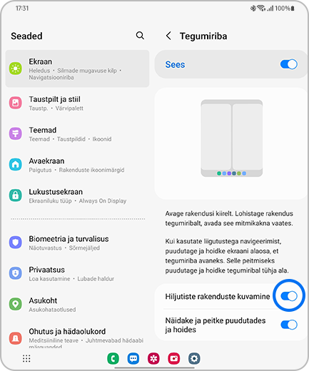 „Tegumiriba“ ekraan, kus on esile tõstetud valiku „Hiljutiste rakenduste kuvamine“ lülitusnupp.