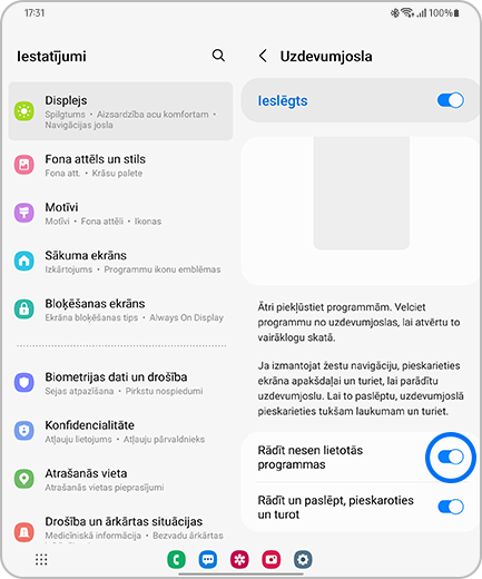 Ekrāna "Uzdevumjosla" skats ar izceltu pārslēgšanas pogu "Rādīt nesen lietotās".