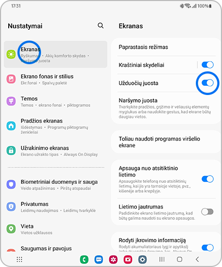 „Nustatymų“ skilties „Ekranas“, kurioje paryškinta parinktis „Ekranas“ ir perjungimo mygtukas „Užduočių juosta“, vaizdas.