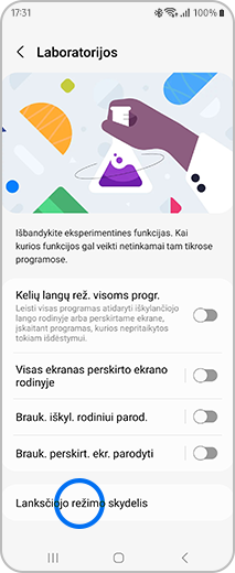 Ekrano „Laboratorijos“, kuriame paryškinta parinktis „Lanksčiojo režimo skydelis“, vaizdas