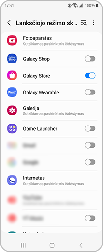 Ekrano „Lanksčiojo režimo skydelis“, kuriame galite pasirinkti programas, kurioms norite suaktyvinti lankstųjį režimą, vaizdas.