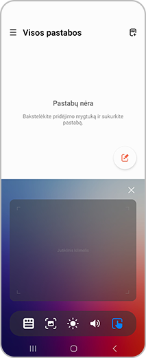 „Samsung Notes“ ekrano, suaktyvinus lankstųjį režimą, vaizdas. Viršutiniame ekrane rodomas pagrindinės programos ekranas, o apatiniame – lanksčiojo režimo jutiklinis pultas.
