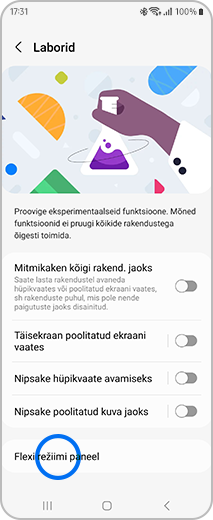 Ekraan „Täpsemad funktsioonid”, kus on esile tõstetud valik „Flexi režiimi paneel“.