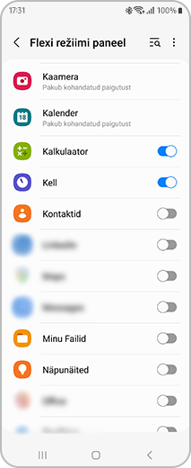 Ekraan „Flexi režiimi paneel“, kus saate Flexi režiimi aktiveerimiseks valida rakendused.