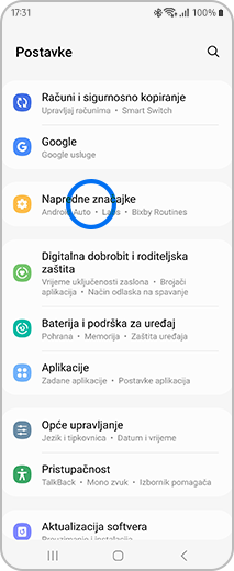 Prikaz zaslona Postavke s dodirnutom opcijom „Napredne značajke”.