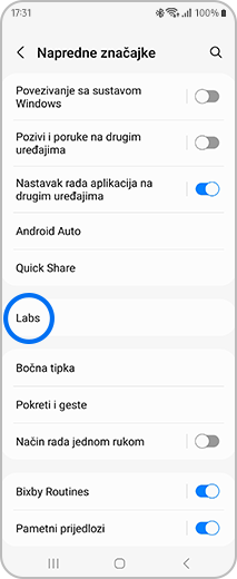 Prikaz zaslona „Napredne značajke” s dodirnutom opcijom „Labs”.