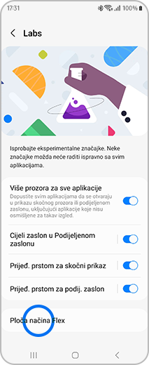Prikaz zaslona „Labs” s označenom opcijom „Ploča Flex načina rada”.