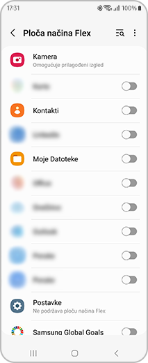 Prikaz zaslona „Ploča Flex načina rada” na kojem možete odabrati aplikacije za aktivaciju Flex načina rada.