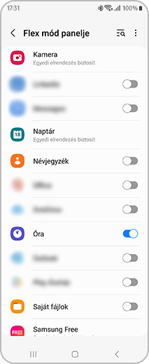 Kép a „Flex mód panele” képernyőről, ahol kiválaszthatók a Flex módot aktiválni képes alkalmazások.