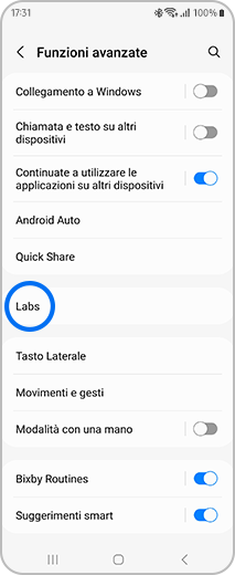 Vista della schermata “Funzioni avanzate” con selezione di “Labs”.