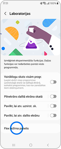 Ekrāna “Laboratorijas” skats ar izceltu opciju “Flex režīma panelis”.