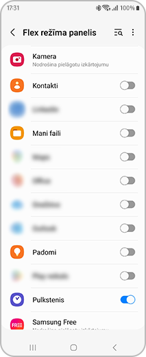 Ekrāna “Flex režīma panelis” skats, kurā varat atlasīt programmas, lai aktivizētu Flex režīmu.