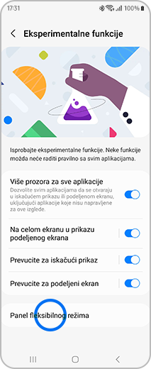 Prikaz ekrana „Eksperimentalne funkcije“ sa markiranom opcijom „Panel fleksibilnog režima“.