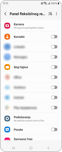 Prikaz ekrana „Panel fleksibilnog režima“ gde možete izabrati aplikacije za aktiviranje fleksibilnog režima.