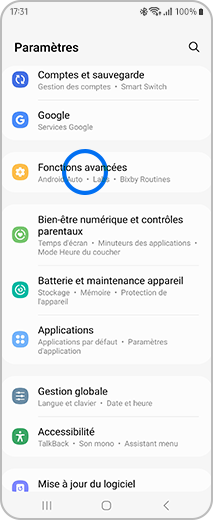 Aperçu de l’écran Paramètres avec un appui sur les « Fonctions avancées ».
