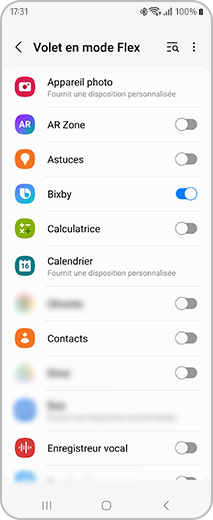 Aperçu de l’écran « Volet en mode Flex » où vous pouvez sélectionner les applications pour activer le mode Flex.