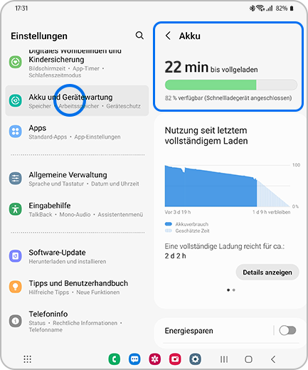 Ansicht des Bildschirms Einstellungen mit hervorgehobener Option Akku und Gerätewartung und des Bildschirms Akku mit hervorgehobener Option Akku.