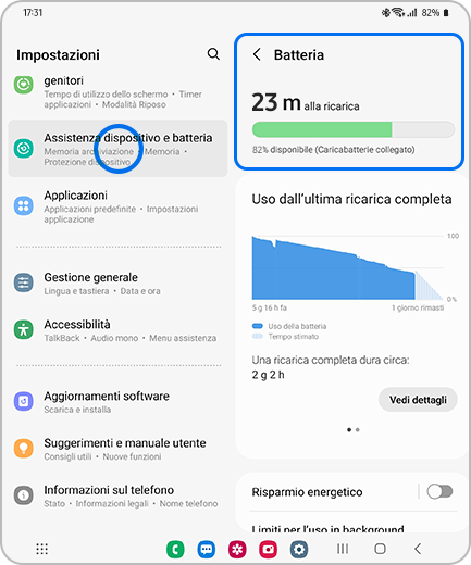 Immagine della schermata Impostazioni con le opzioni “Assistenza dispositivo e batteria” evidenziata e la schermata “Batteria” con l’opzione “Batteria” evidenziata.