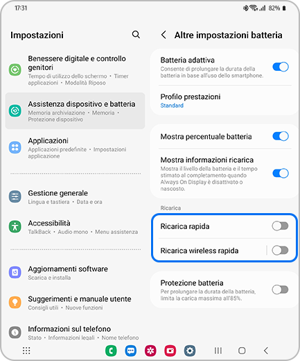 Immagine della schermata “Altre impostazioni della batteria” con le opzioni “Ricarica rapida” e “Ricarica rapida wireless” evidenziate.