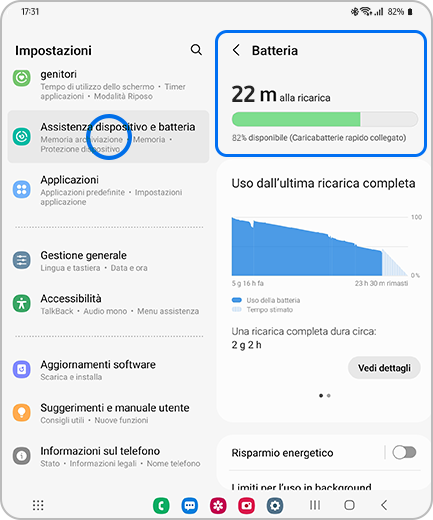 Immagine della schermata Impostazioni con le opzioni “Batteria e cura del dispositivo” evidenziata e la schermata “Batteria” con l’opzione “Batteria” evidenziata.