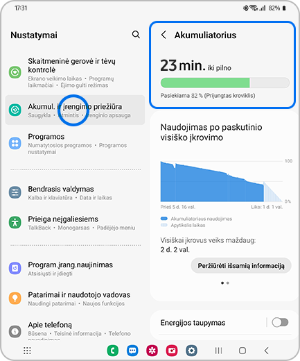 Ekrano Nustatymai vaizdas su pažymėta parinktimi „Akumul. ir įrenginio priežiūra“ ir ekranas „Akumuliatorius“ su pažymėta parinktimi „Akumuliatorius“.
