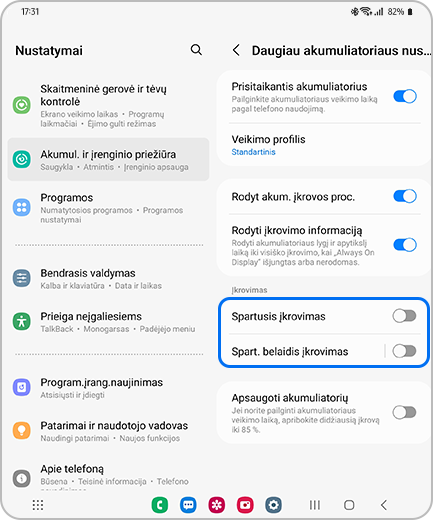 Ekrano „Daugiau akumuliatoriaus nustat.“ vaizdas su pažymėtomis parinktimis „Spartusis įkrovimas“ ir „Spart. belaidis įkrovimas“.