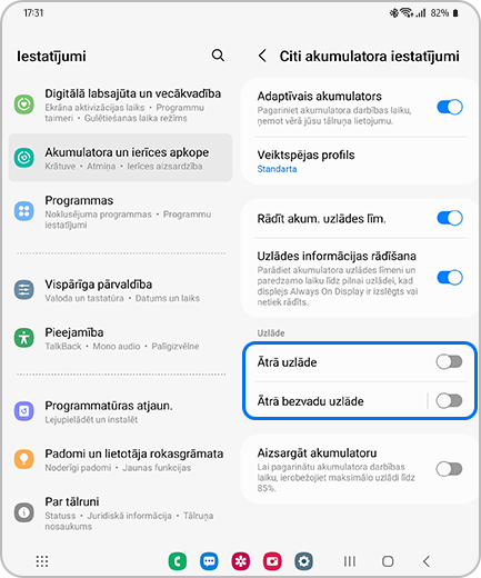 Ekrāns "Citi akumulatora iestatījumi" ar izceltām opcijām "Ātrā uzlāde" un "Ātrā bezvadu uzlāde".