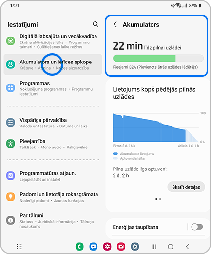 Iestatījumu ekrāns ar izceltu opciju "Akumulatora un ierīces apkope" un akumulatora ekrāns ar izceltu opciju "Akumulators".