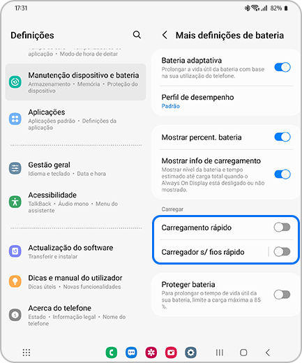Vista do ecrã “Mais definições de bateria”, com destaque para as opções “Carregamento rápido” e “Carregamento rápido s/ fios rápido”.