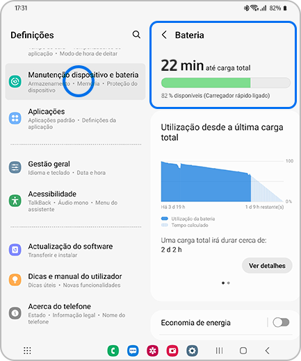 Vista do ecrã de Definições com destaque para a opção “Manutenção do dispositivo e bateria”, e do ecrã “Bateria” com destaque para a opção “Bateria”.