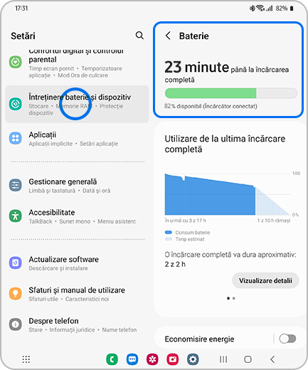 Imagine cu ecranul Setări, cu opțiunea „Întreținere baterie și dispozitiv” evidențiată, și ecranul „Baterie”, cu opțiunea „Baterie” evidențiată.