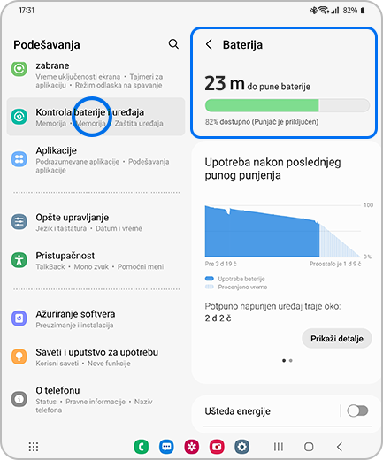 Prikaz ekrana Podešavanja sa označenom opcijom „Kontrola baterije i uređaja” i ekranom „Baterija” sa označenom opcijom „Baterija”.