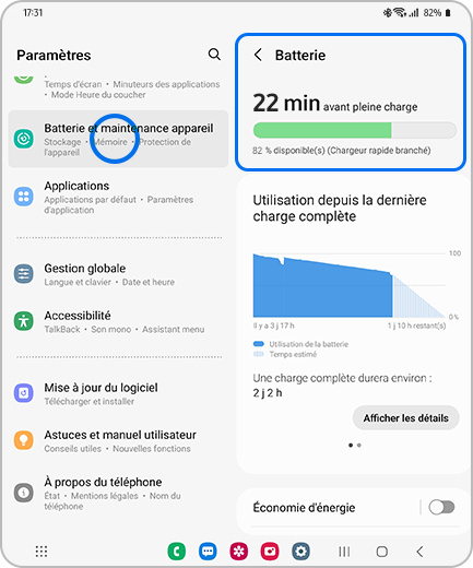 Vue de l’écran Paramètres avec l’option « Batterie et maintenance appareil » en évidence et de l’écran « Batterie » avec l’option « Batterie » en évidence.