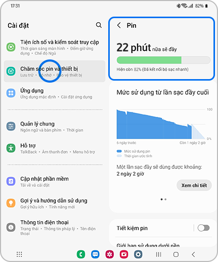Xem màn hình Cài đặt với tùy chọn “Chăm sóc pin và thiết bị” được làm nổi vật và màn hình “Pin” với tùy chọn “Pin” được làm nổi bật.