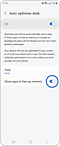 View of the "Auto optimise daily" screen with the “Close apps to free up memory” toggle button highlighted.