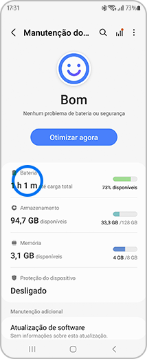 Vista do ecrã “Manutenção do dispositivo”, com destaque para a opção “Bateria”.