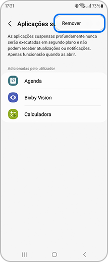 Vista do ecrã de “Aplicações suspensas”, com destaque para a opção “Remover”.