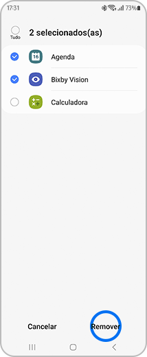 Vista de exemplo de duas aplicações selecionadas, com destaque para a opção “Remover”.