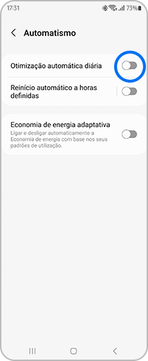 Vista do ecrã de “Automatismo”, com destaque para os botões de alternar de “Otimização automática diária”.