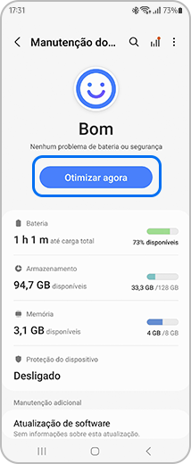 Vista do ecrã de “Manutenção do dispositivo”, com destaque para a opção “Otimizar agora”.